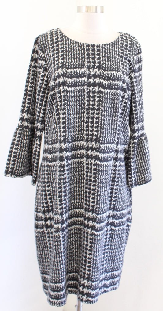 NWT Talbots Womens Black Gray White Plaid Bell Sleeve Knit Shift Dress Size 16