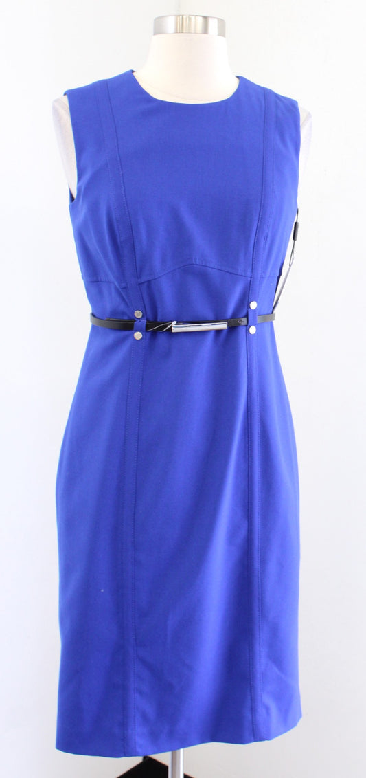 NWT Calvin Klein Womens Royal Blue Black Belted Shaped Sheath dress Size 4