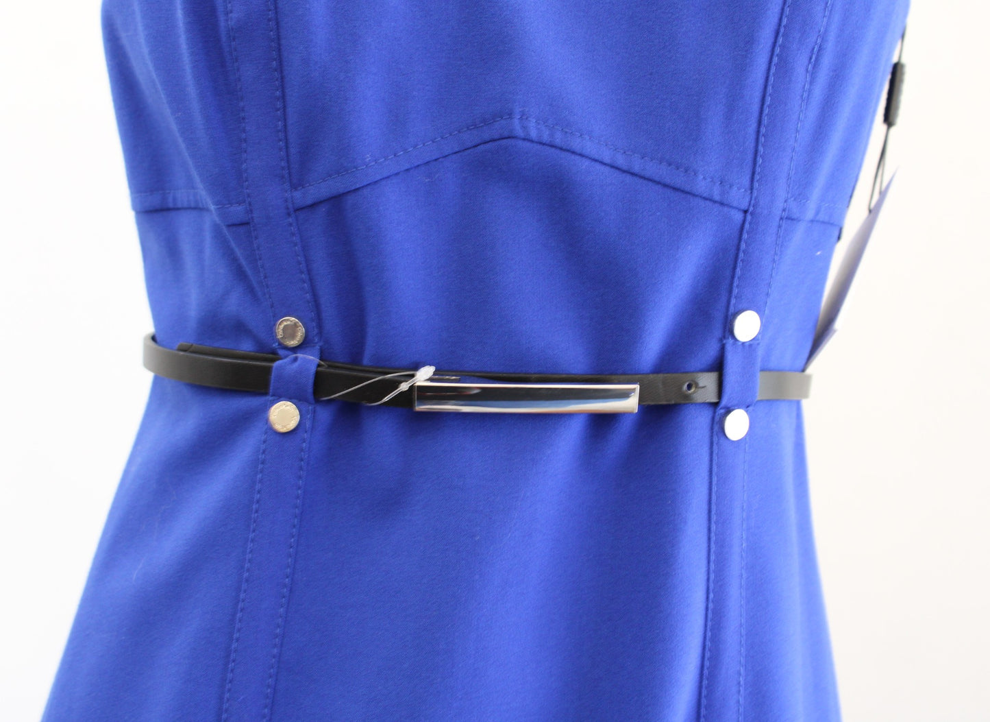 NWT Calvin Klein Womens Royal Blue Black Belted Shaped Sheath dress Size 4