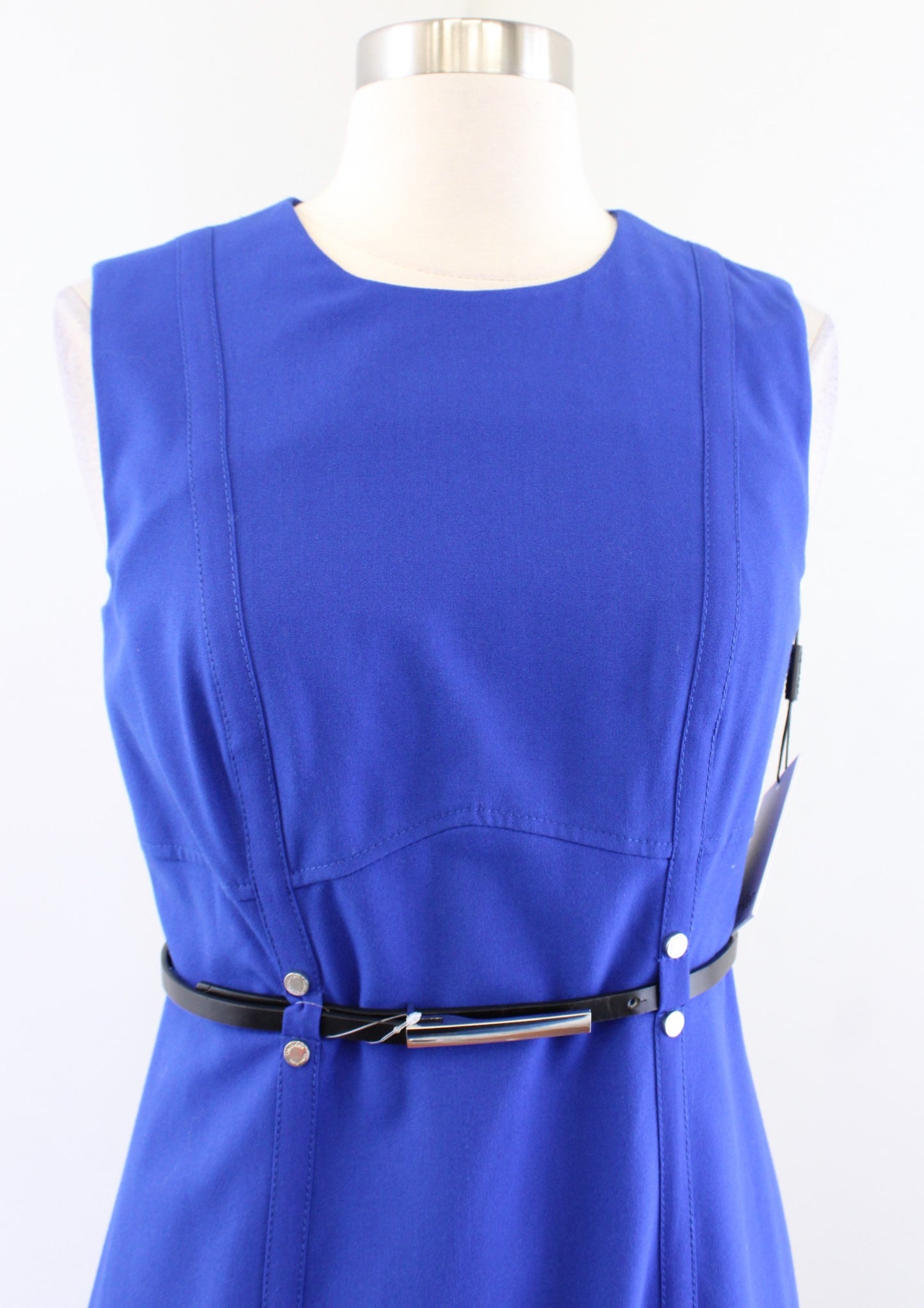 NWT Calvin Klein Womens Royal Blue Black Belted Shaped Sheath dress Size 4