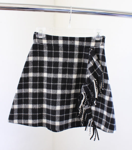 NWT Kate Spade Rustic Plaid Fringe Skirt Size 00 A Line Black White Ruffle Wool