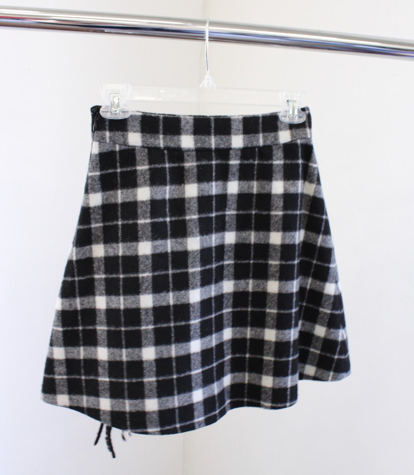 NWT Kate Spade Rustic Plaid Fringe Skirt Size 00 A Line Black White Ruffle Wool