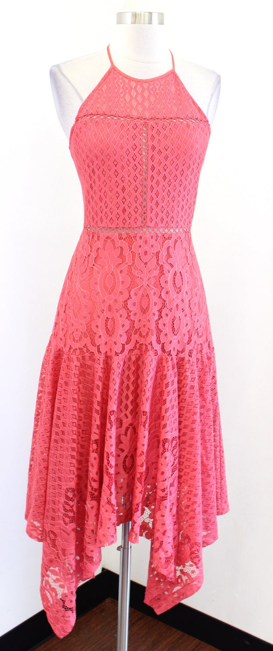 Parker Coral Asymmetrical Handkerchief Hem Lace Halter Dress Sz S Wedding Guest