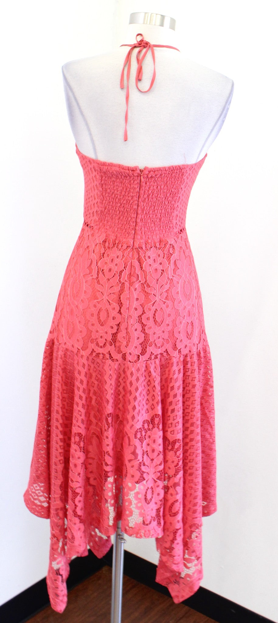 Parker Coral Asymmetrical Handkerchief Hem Lace Halter Dress Sz S Wedding Guest