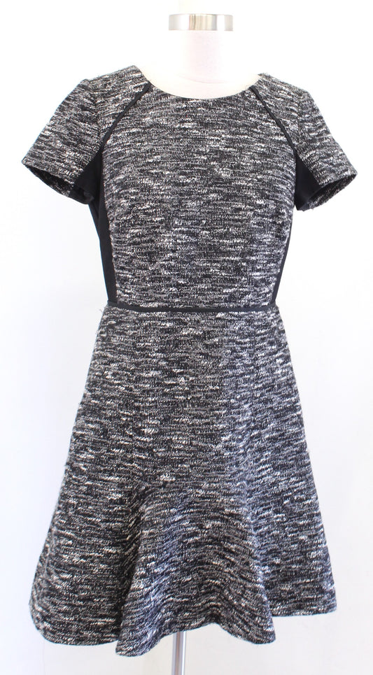 J Crew Black Gray White Mixed Tweed Panel Fit and Flare Flounce Dress Size 4