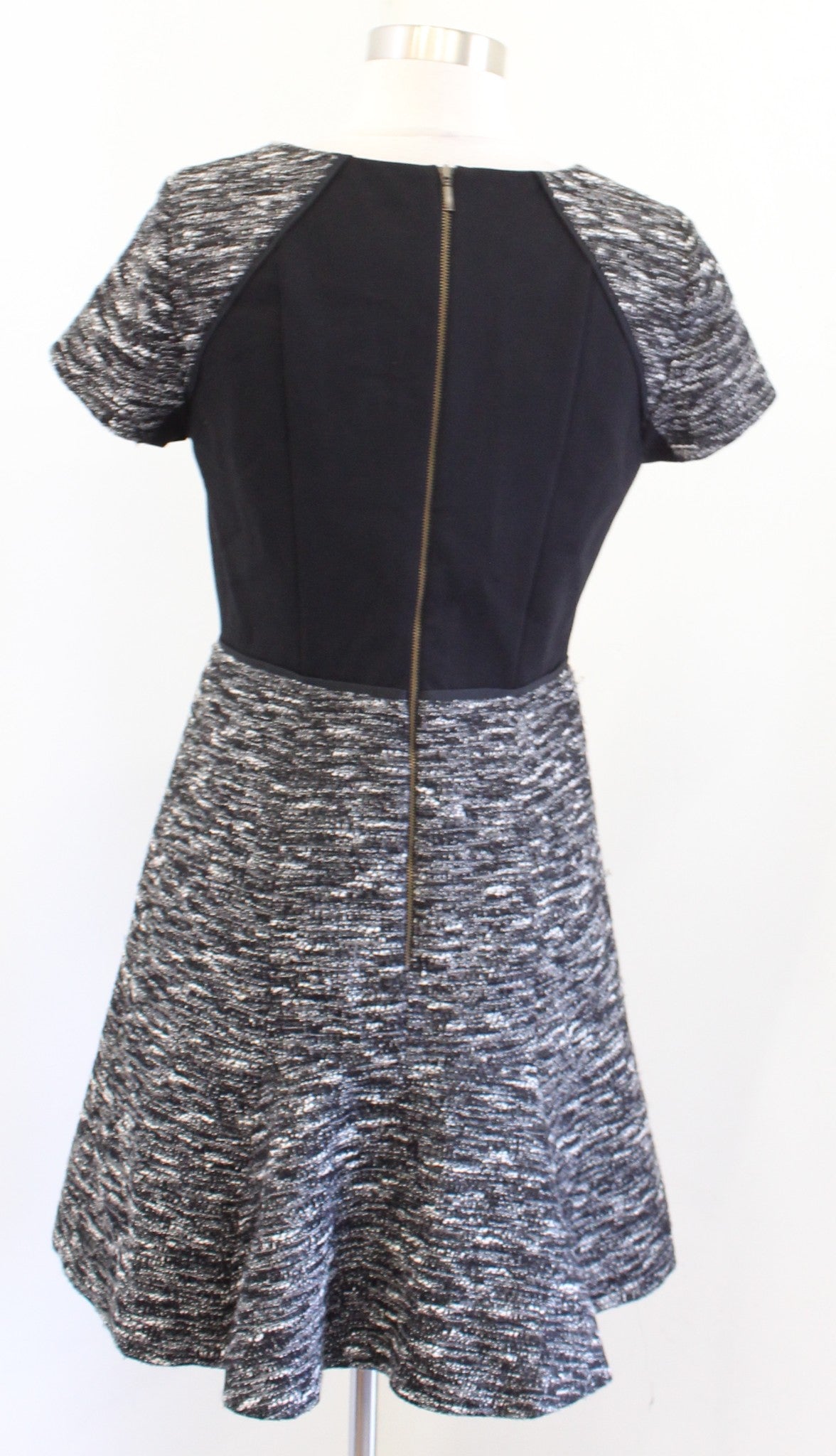 J Crew Black Gray White Mixed Tweed Panel Fit and Flare Flounce Dress Size 4