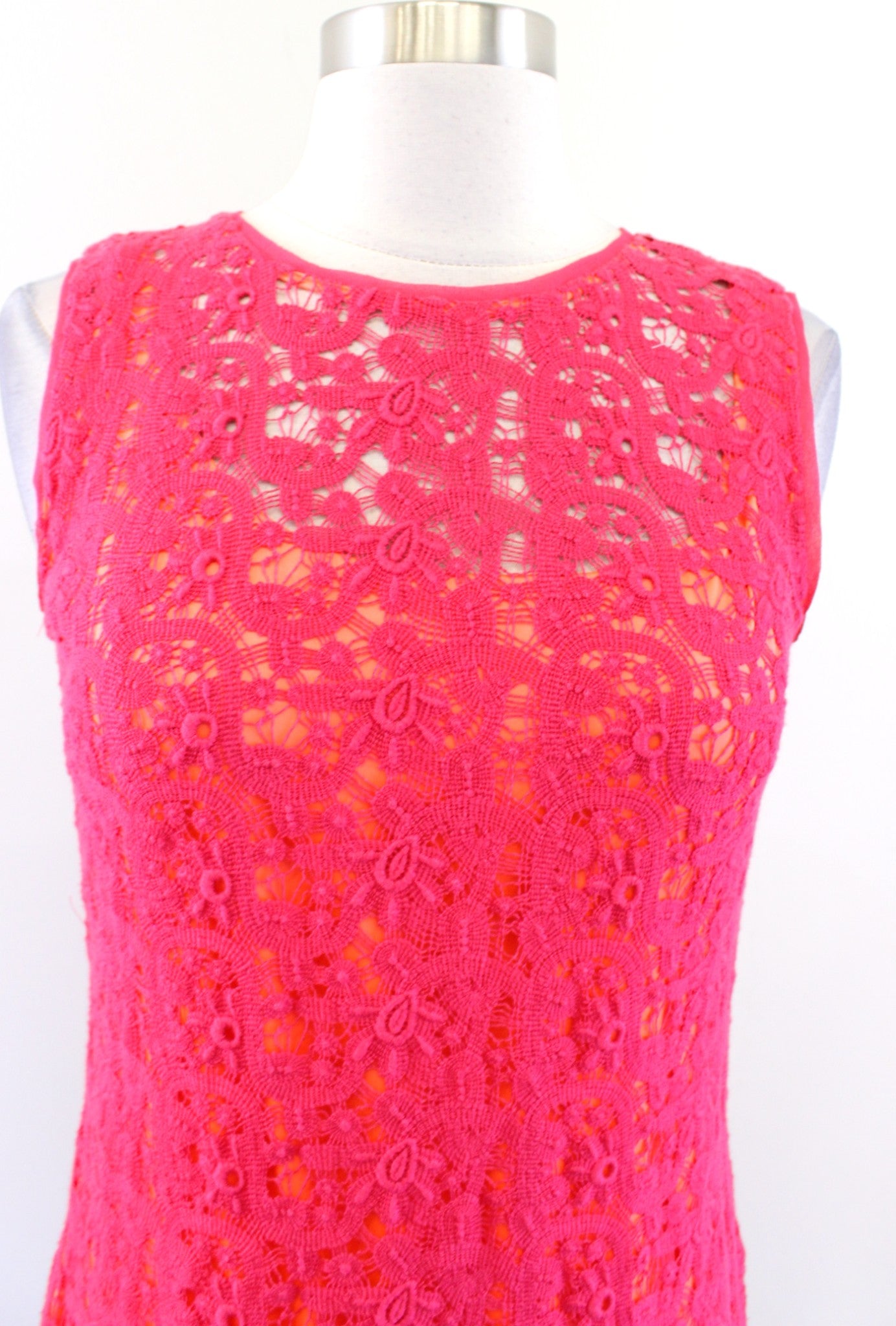 Elie Tahari Womens Pink Neon Orange Crochet Lace Sheath Dress Size 0 Sleeveless