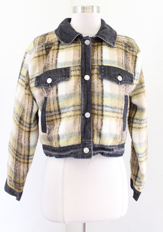 7 For All Mankind Seven Fuzzy Plaid Mixed Media Denim Cropped Jacket Size S