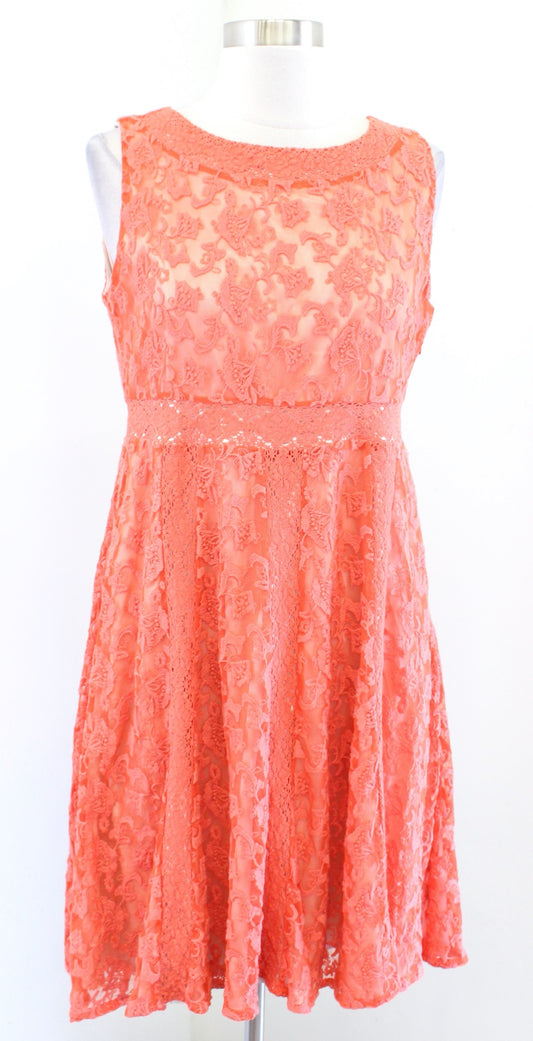 Sundance Catalog Emma Orange Floral Embroidered Mesh Lace Dress Size 8 Flared