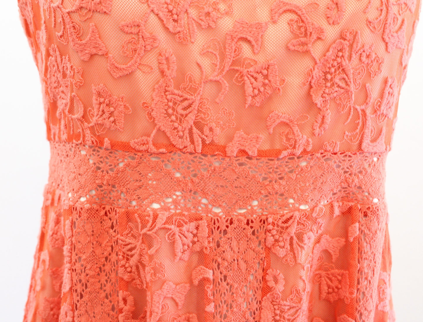 Sundance Catalog Emma Orange Floral Embroidered Mesh Lace Dress Size 8 Flared