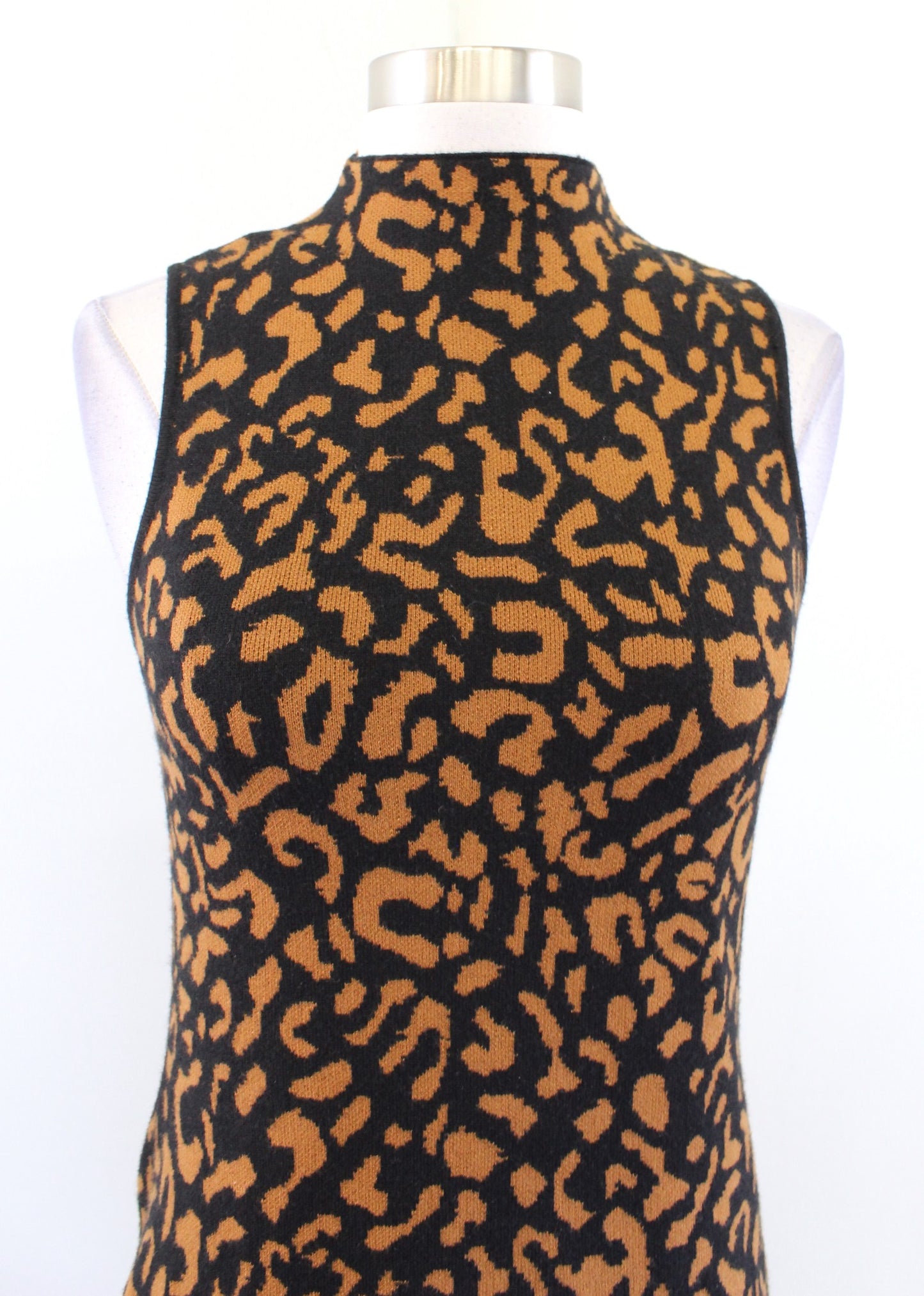 NWT T Tahari Black Toffee Brown Animal Leopard Print Mock Neck Sweater Dress S
