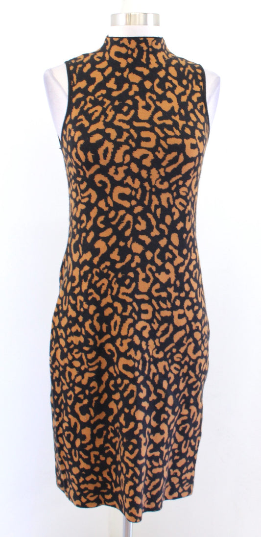 NWT T Tahari Black Toffee Brown Animal Leopard Print Mock Neck Sweater Dress S