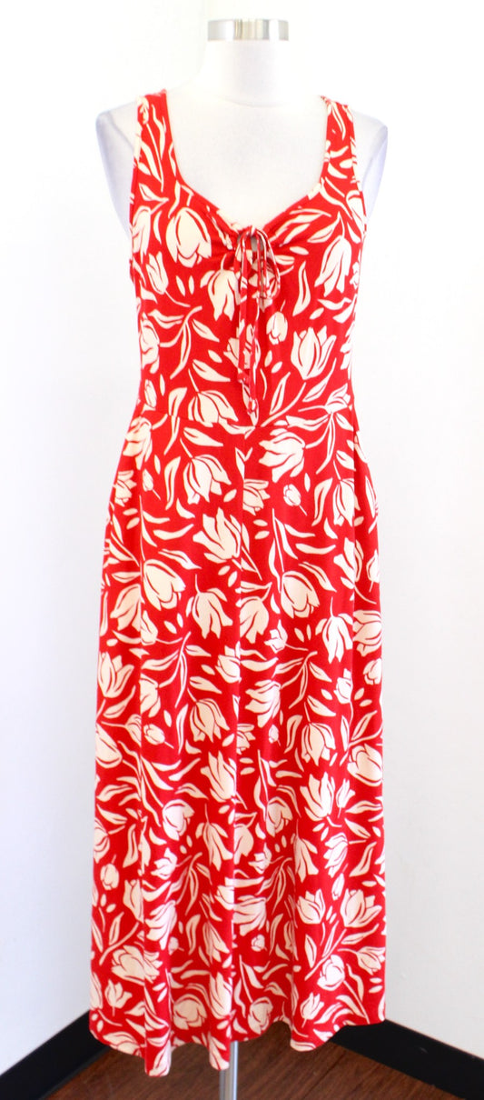 CAbi Red Beige Floral Print Knit Tearoom Midi Maxi Dress Size XS V Neck 6393