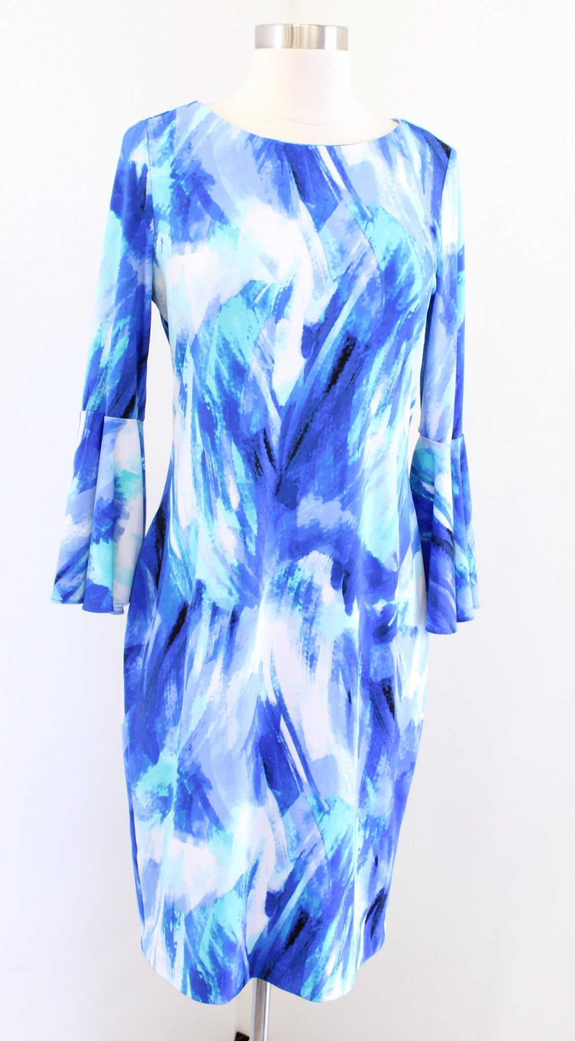 Calvin Klein Blue Watercolor Brush Stroke Jersey Knit Bell Sleeve Dress Size 6