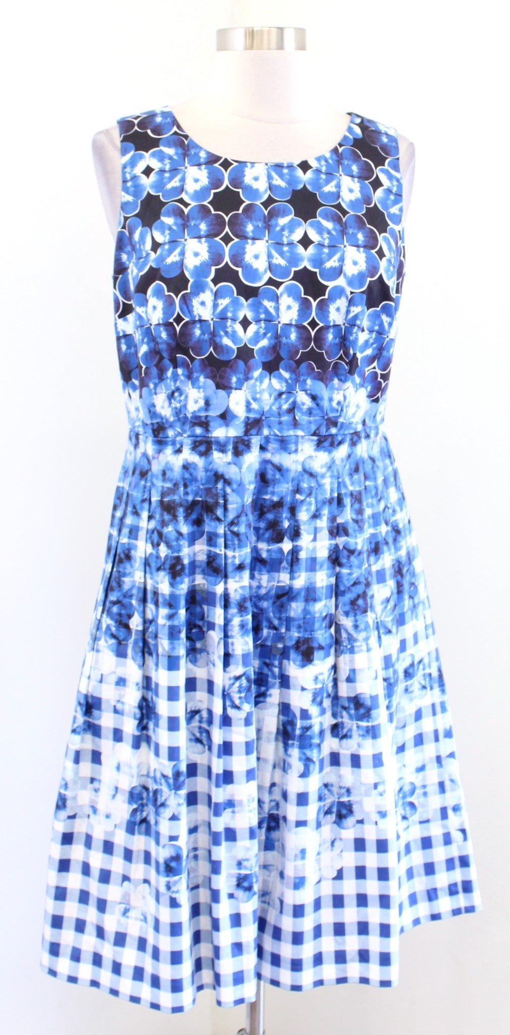 Talbots Blue Plaid Floral Ombre Print Fit and Flare Dress Size 6P Sleeveless