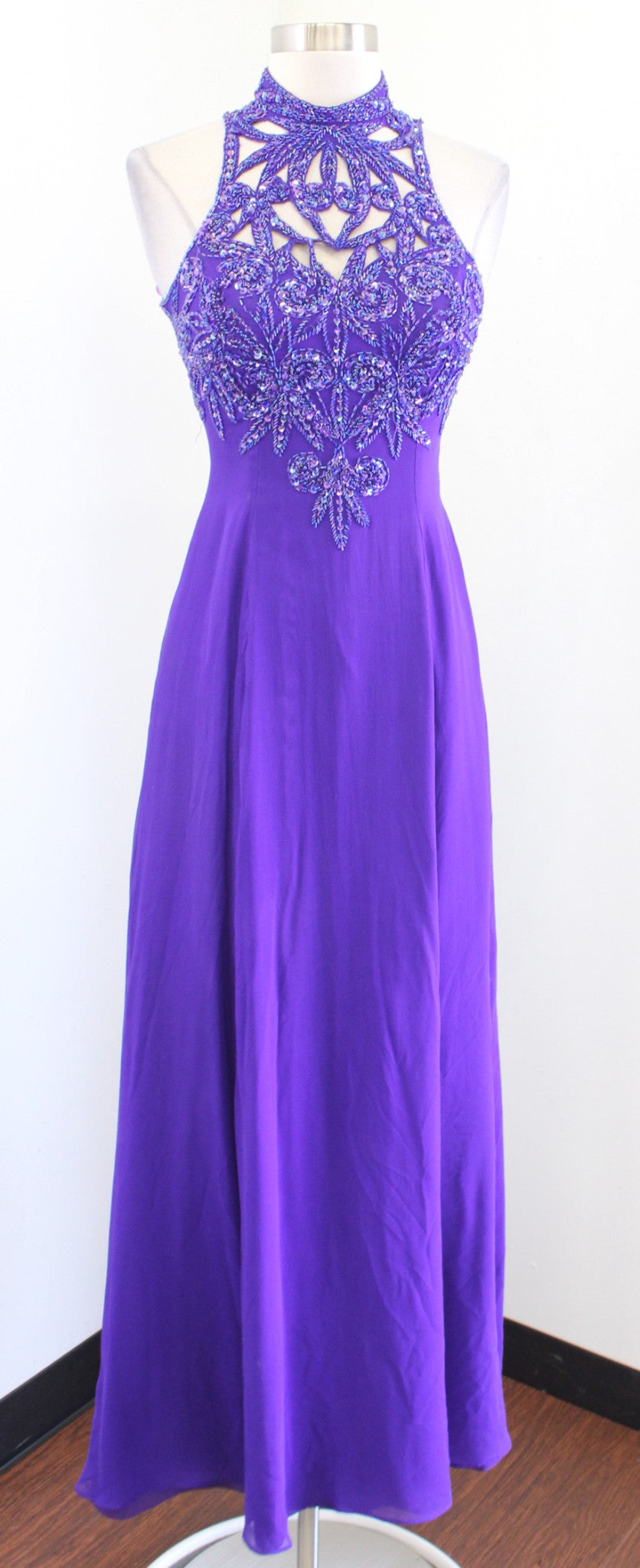 Vtg Alyce Designs Purple Silk Beaded Sequin Cutout Evening Party Dress Sz 2 XXS