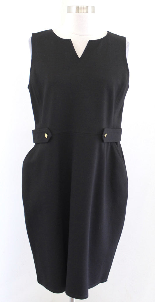 Jude Connally Solid Black Ponte Knit Notch Neck Sheath Dress Sleeveless Size M