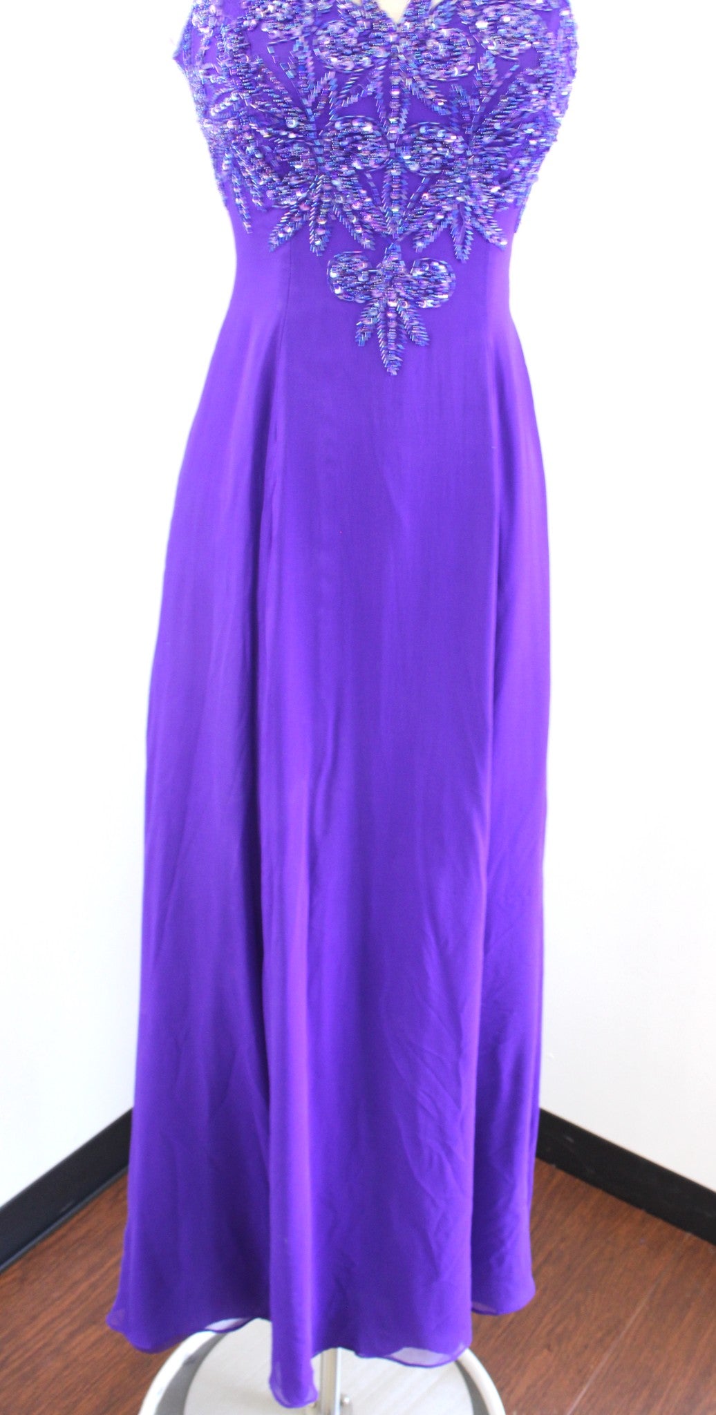 Vtg Alyce Designs Purple Silk Beaded Sequin Cutout Evening Party Dress Sz 2 XXS