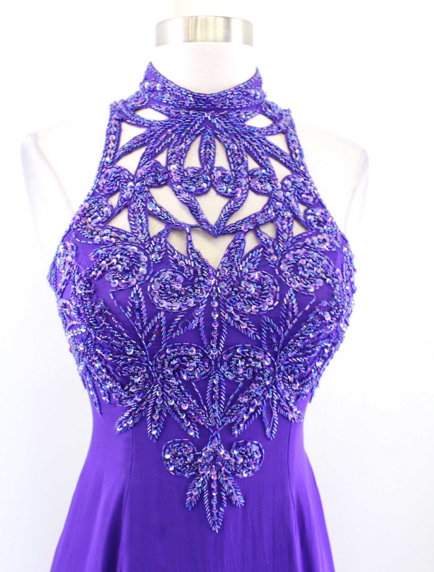 Vtg Alyce Designs Purple Silk Beaded Sequin Cutout Evening Party Dress Sz 2 XXS