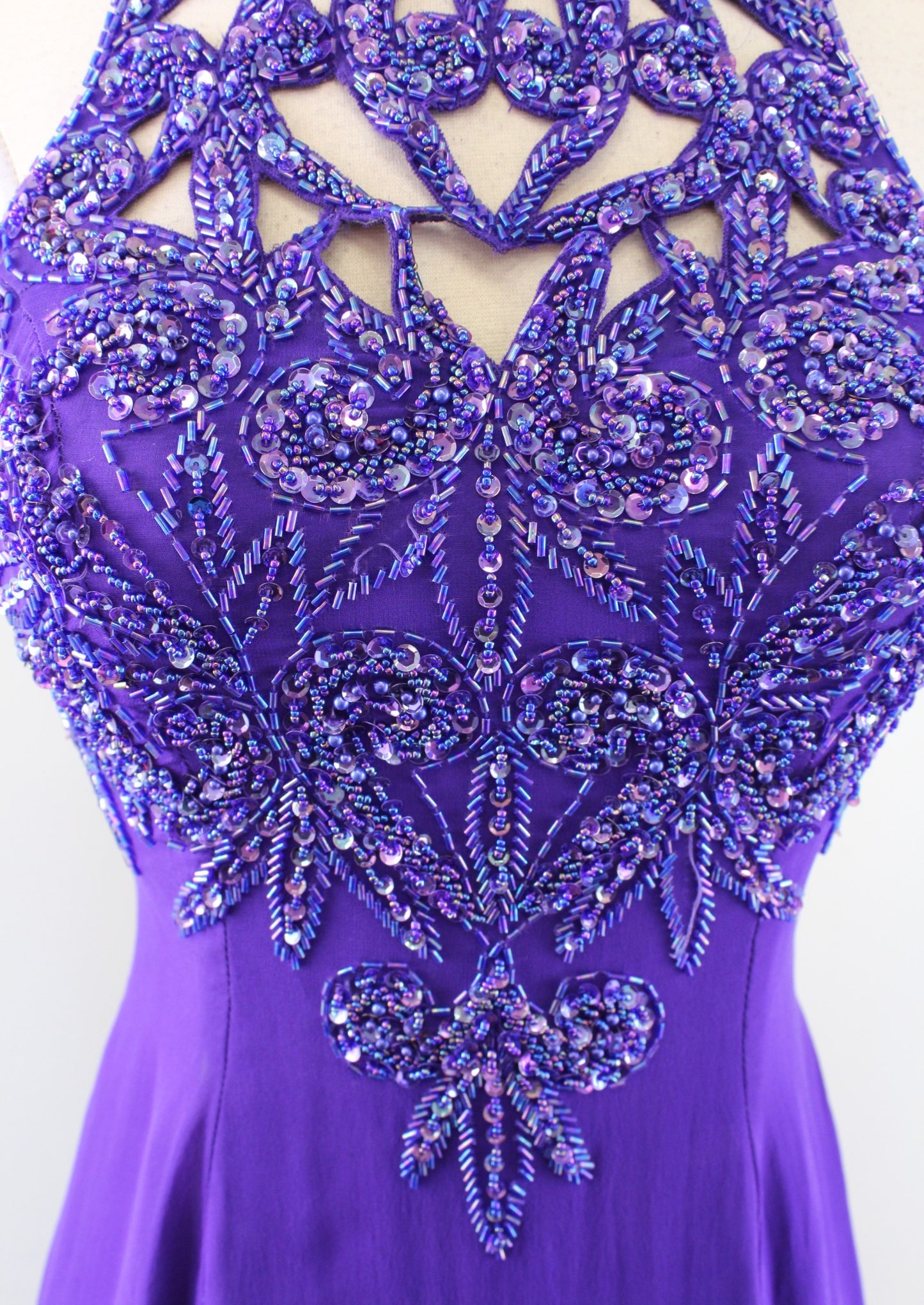 Vtg Alyce Designs Purple Silk Beaded Sequin Cutout Evening Party Dress Sz 2 XXS