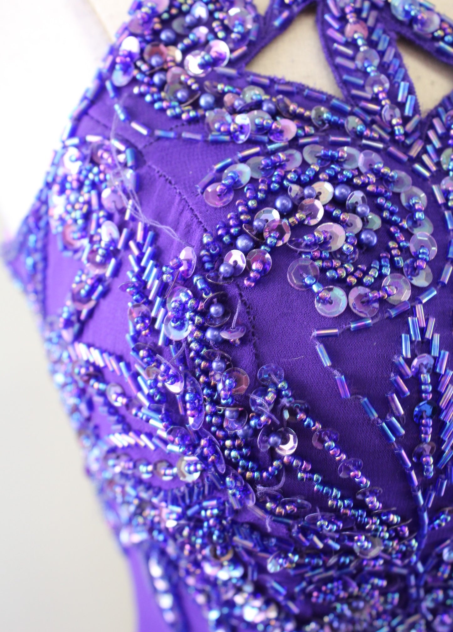 Vtg Alyce Designs Purple Silk Beaded Sequin Cutout Evening Party Dress Sz 2 XXS