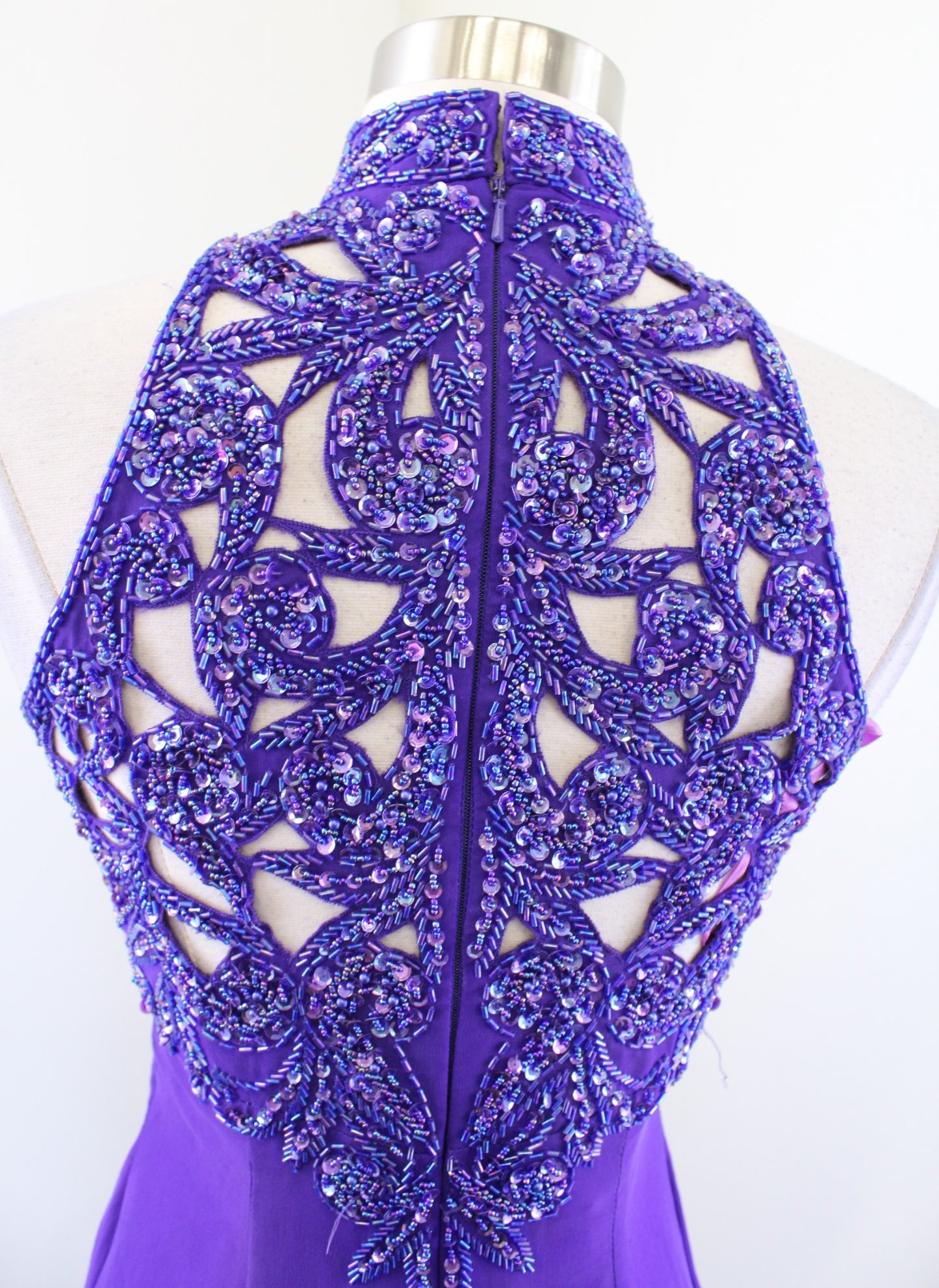 Vtg Alyce Designs Purple Silk Beaded Sequin Cutout Evening Party Dress Sz 2 XXS