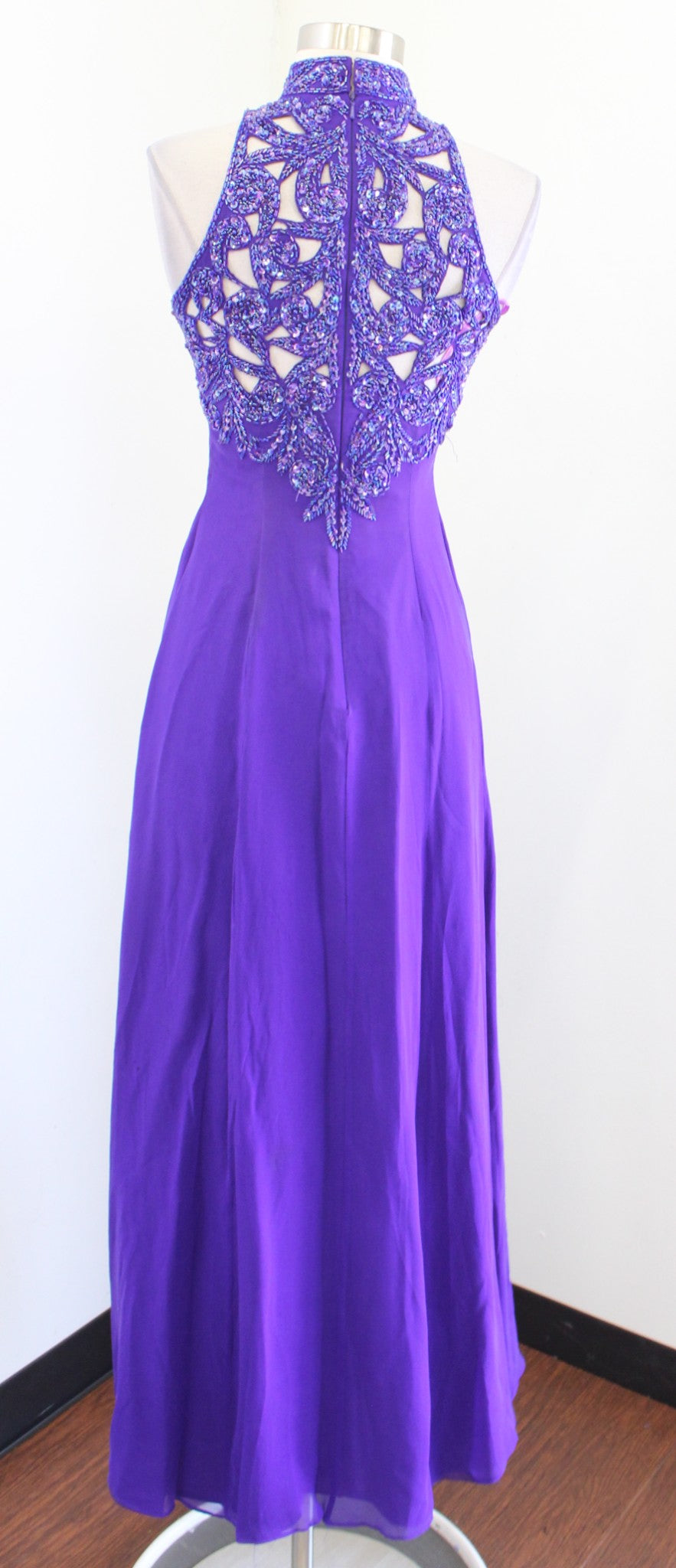Vtg Alyce Designs Purple Silk Beaded Sequin Cutout Evening Party Dress Sz 2 XXS