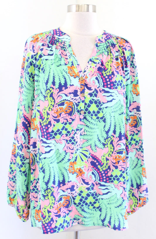 Lilly Pulitzer Elsa Colorful Silk Printed Top Blouse sz M Leaf Floral Salamander