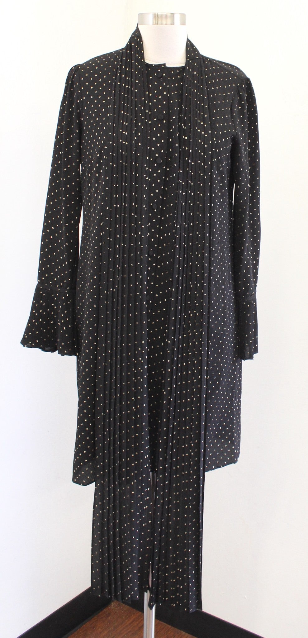 Michael Kors Black Gold Metallic Dot Button Front Tie Neck Shift Dress Size S