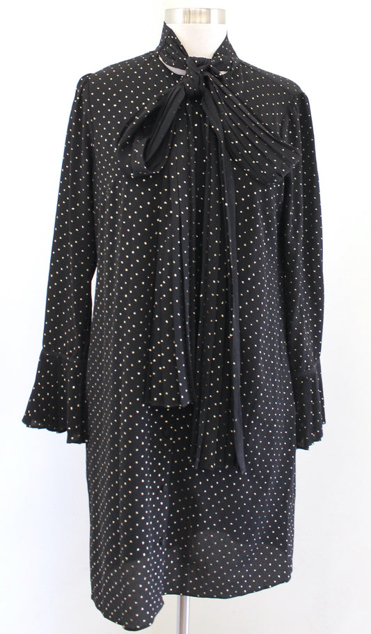 Michael Kors Black Gold Metallic Dot Button Front Tie Neck Shift Dress Size S