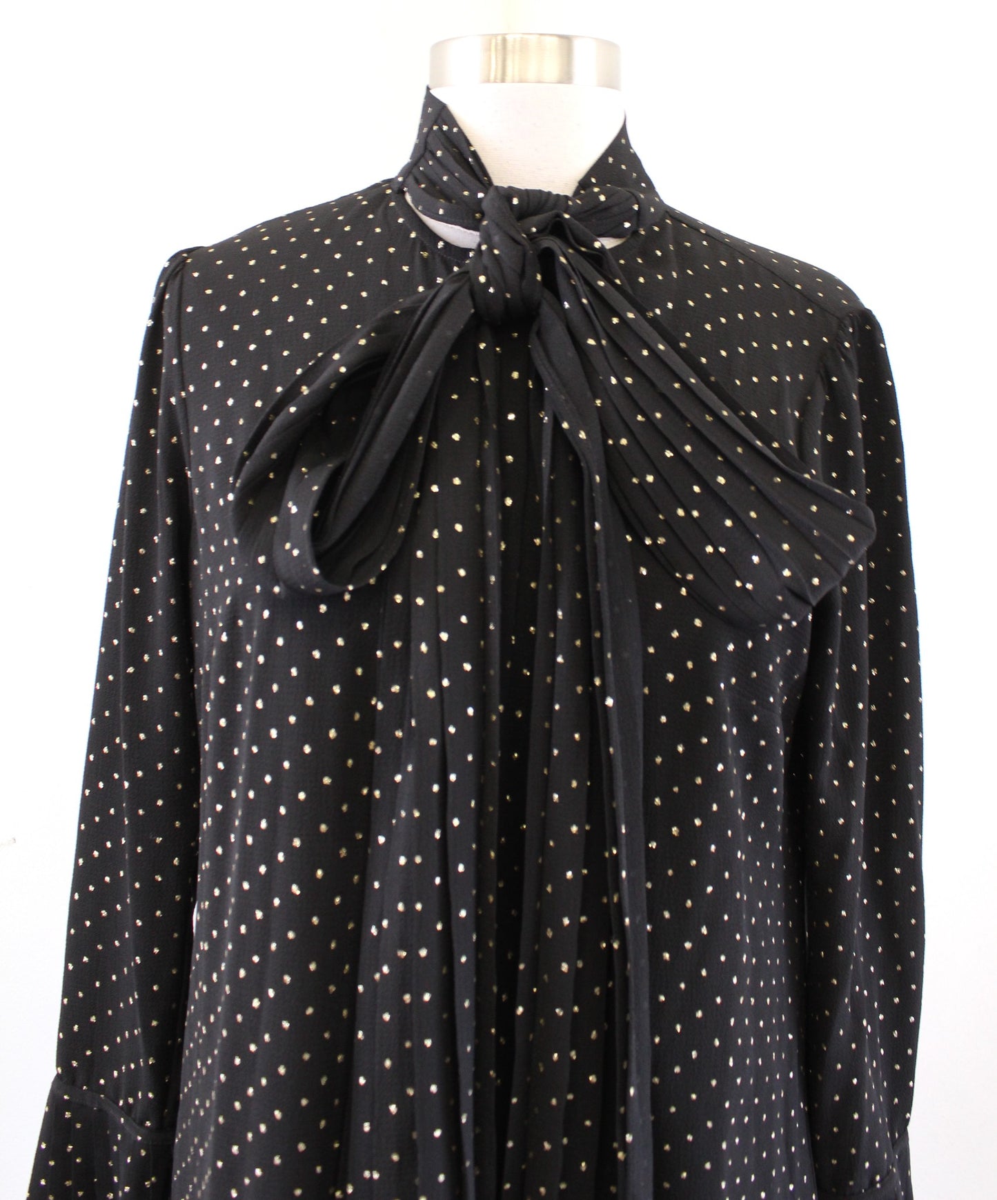 Michael Kors Black Gold Metallic Dot Button Front Tie Neck Shift Dress Size S