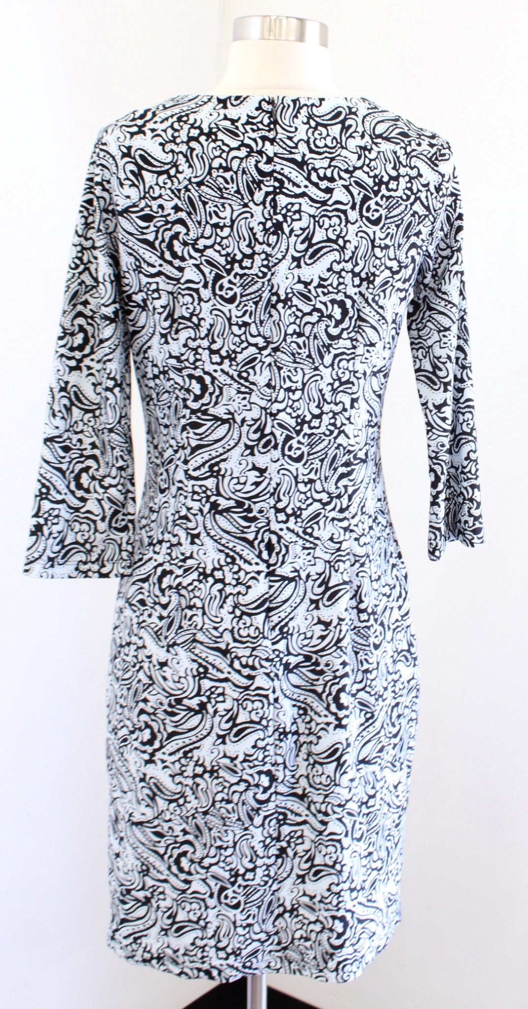 Jude Connally Pale Ice Blue Black Paisley Print 3/4 Sleeve Dress Size S