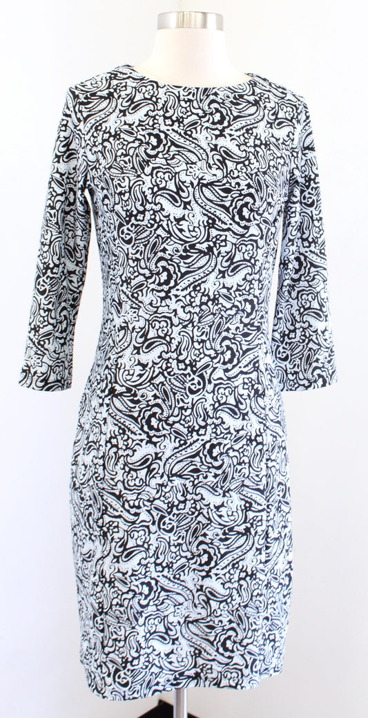 Jude Connally Pale Ice Blue Black Paisley Print 3/4 Sleeve Dress Size S