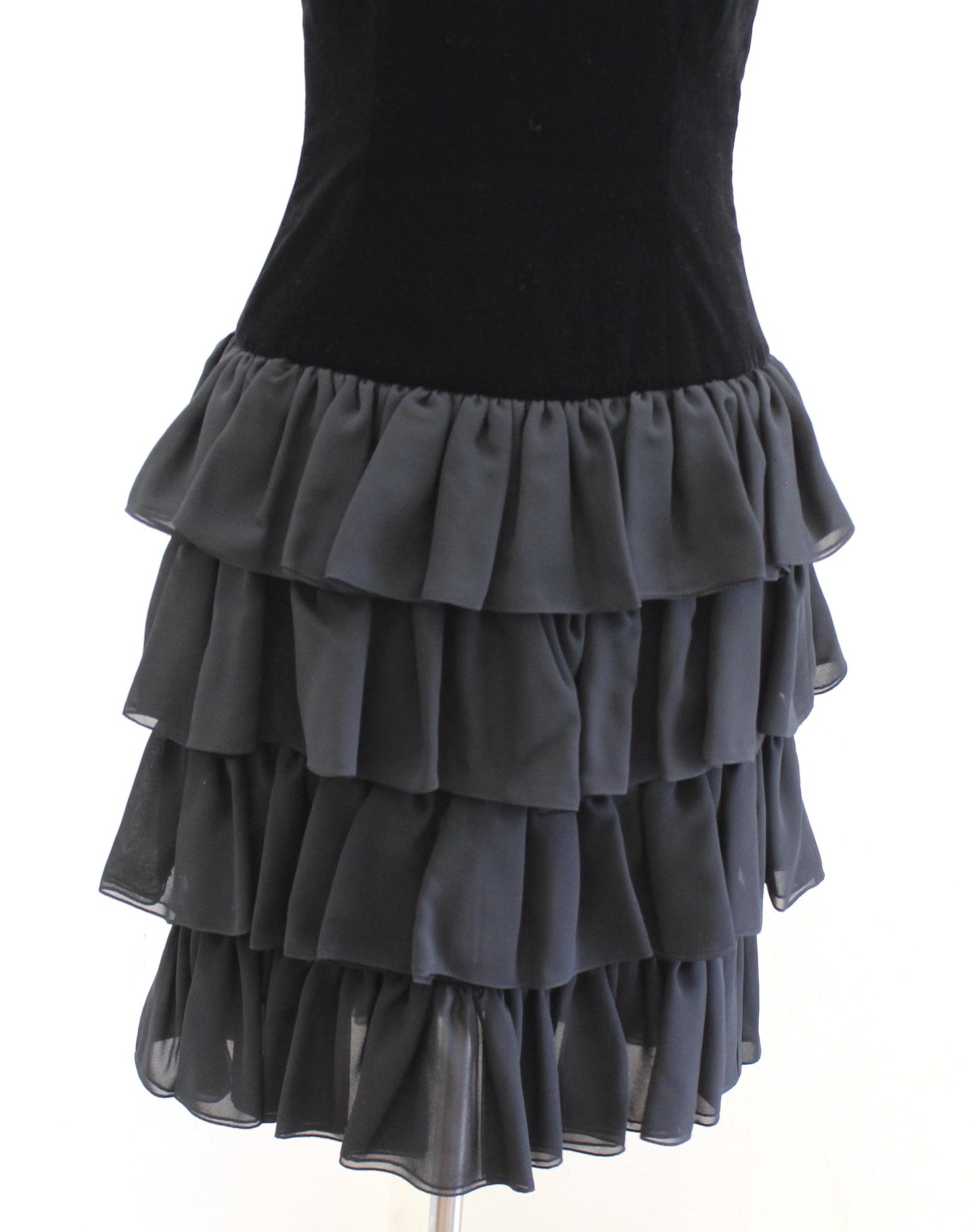 Vtg 90s Black Velvet Drop Waist Ruffle Tiered Cocktail Party Dress SIze 4 Retro