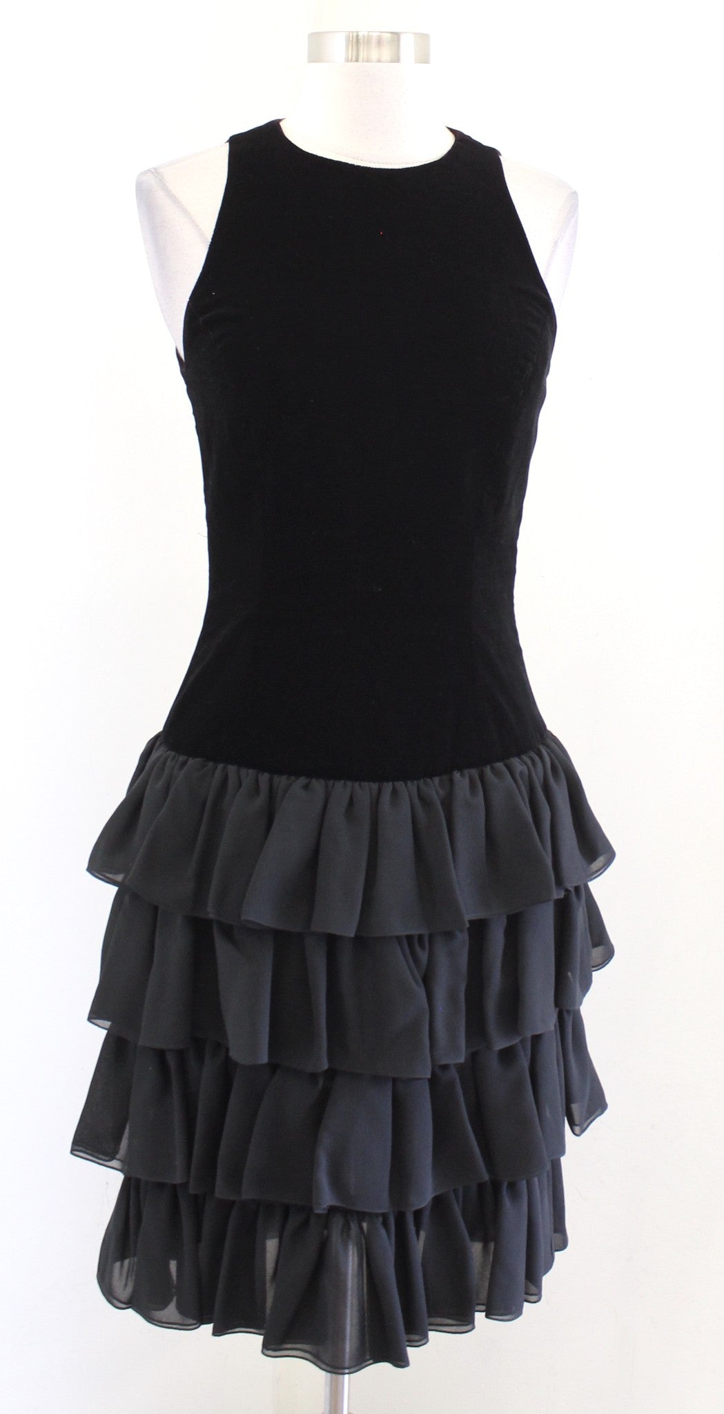 Vtg 90s Black Velvet Drop Waist Ruffle Tiered Cocktail Party Dress SIze 4 Retro