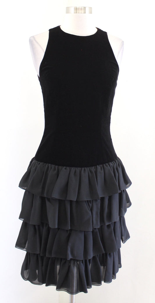 Vtg 90s Black Velvet Drop Waist Ruffle Tiered Cocktail Party Dress SIze 4 Retro