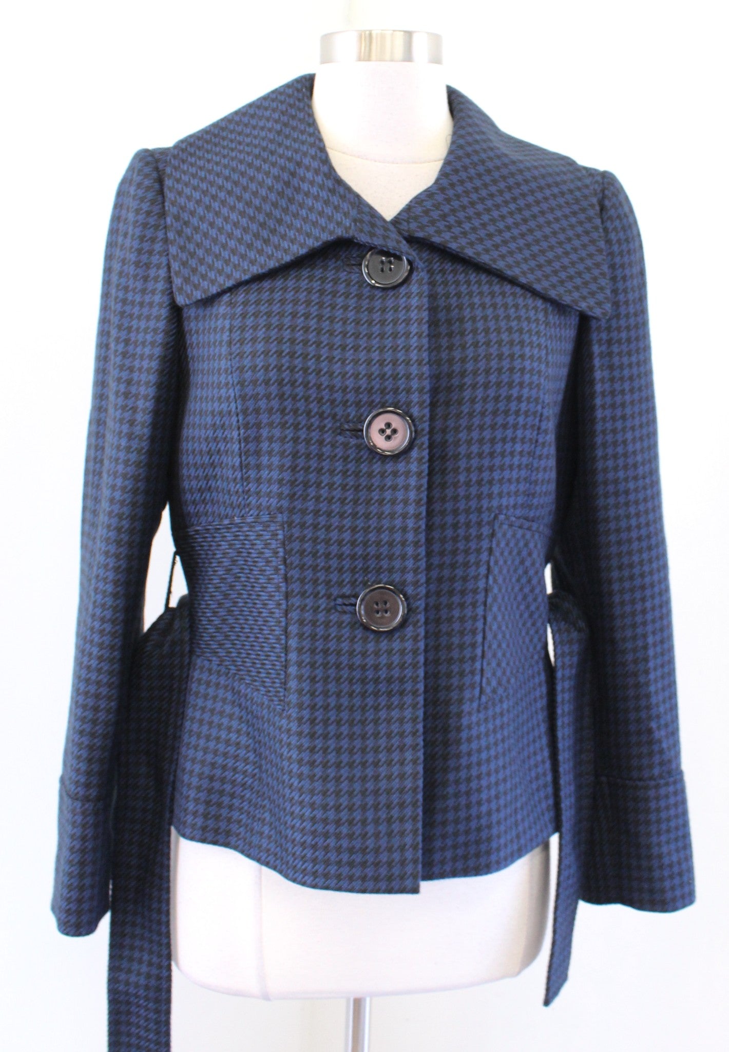 Tahari Levine Isabella Demarco Black Navy Houndstooth Tie Waist Blazer Jacket 4