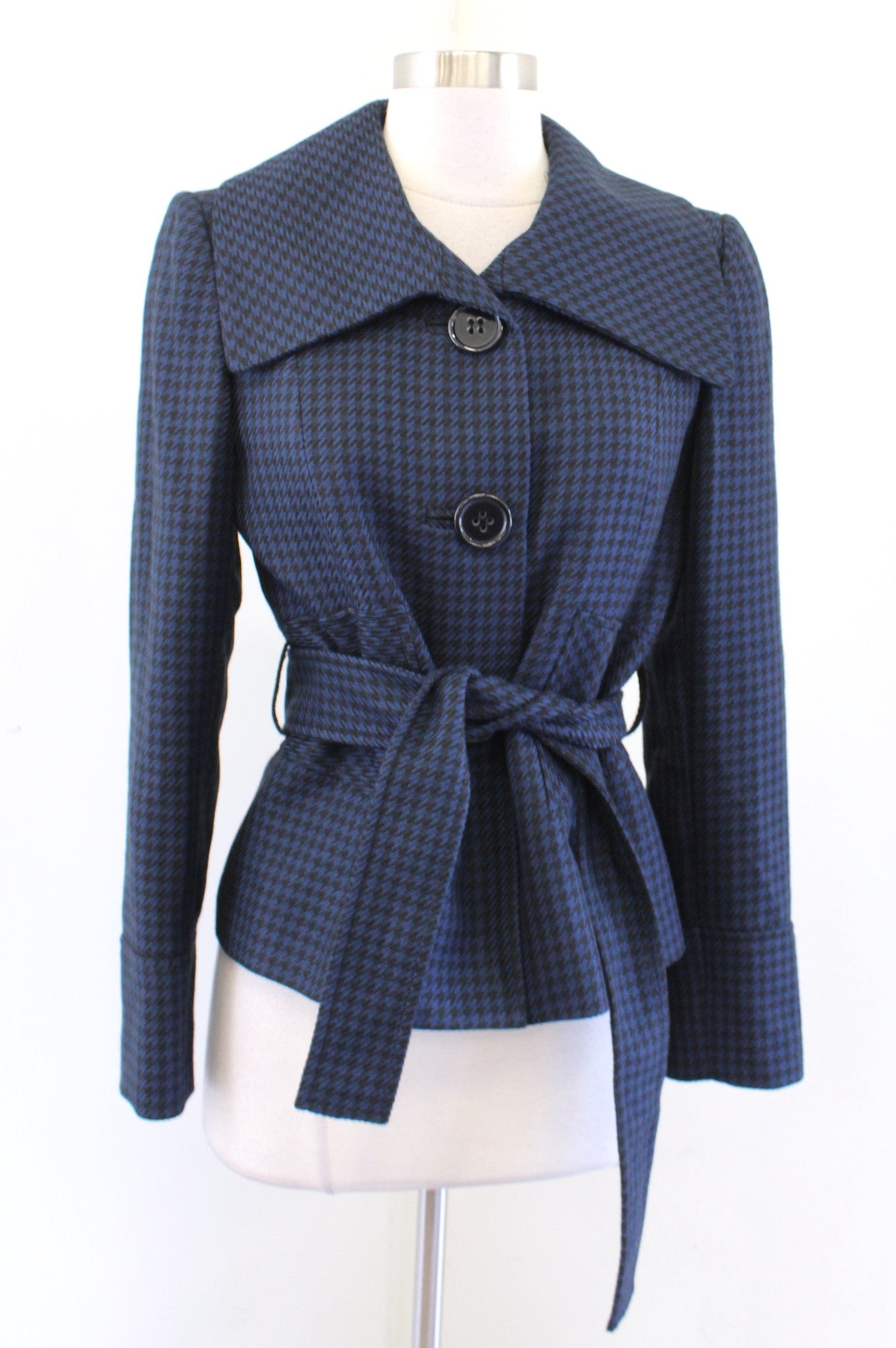 Tahari Levine Isabella Demarco Black Navy Houndstooth Tie Waist Blazer Jacket 4