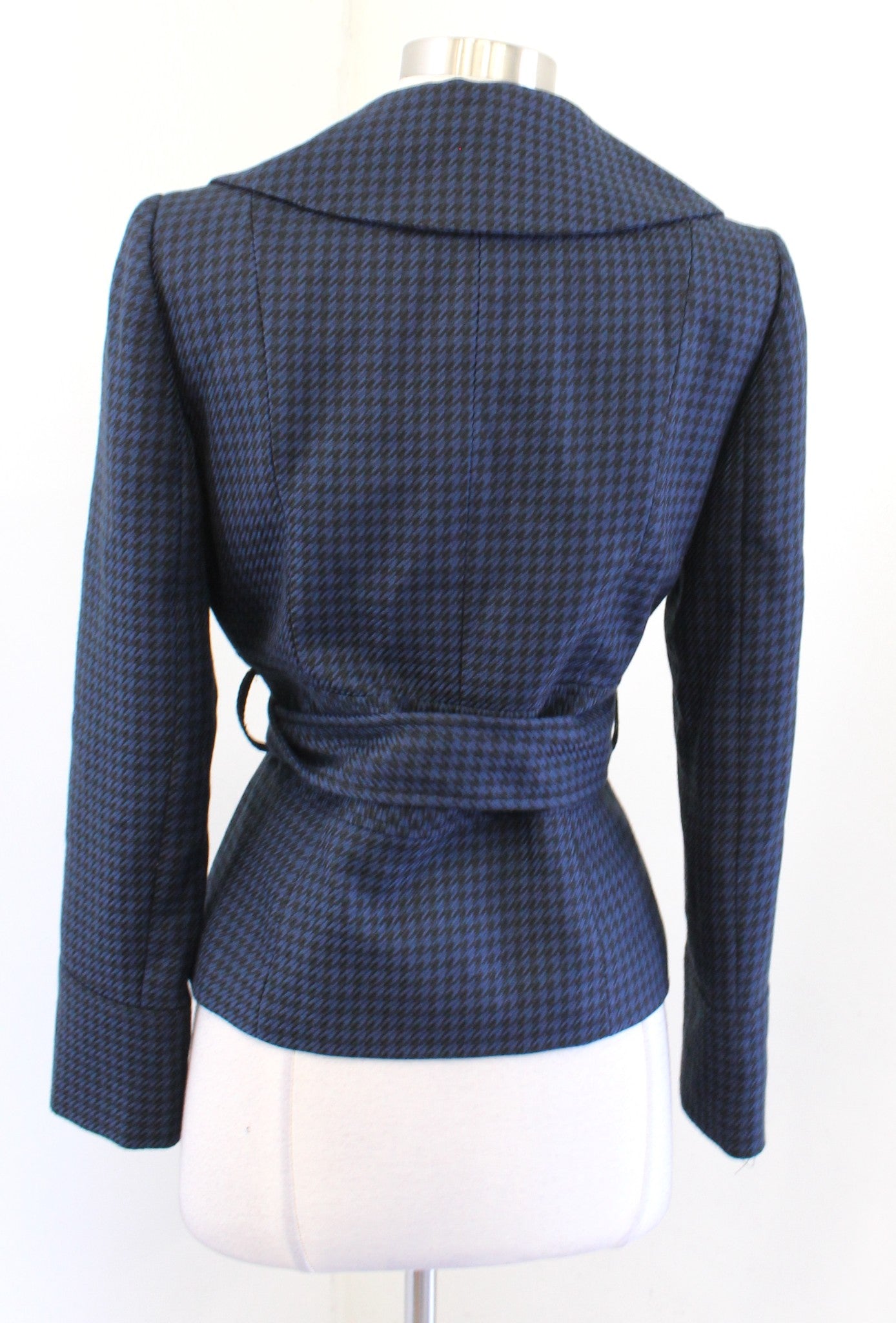 Tahari Levine Isabella Demarco Black Navy Houndstooth Tie Waist Blazer Jacket 4