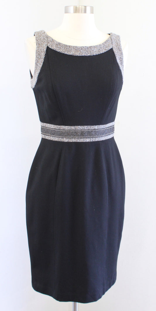 White House Black Market Black Ponte Knit Tweed Trim Sheath Dress Size 2 Career