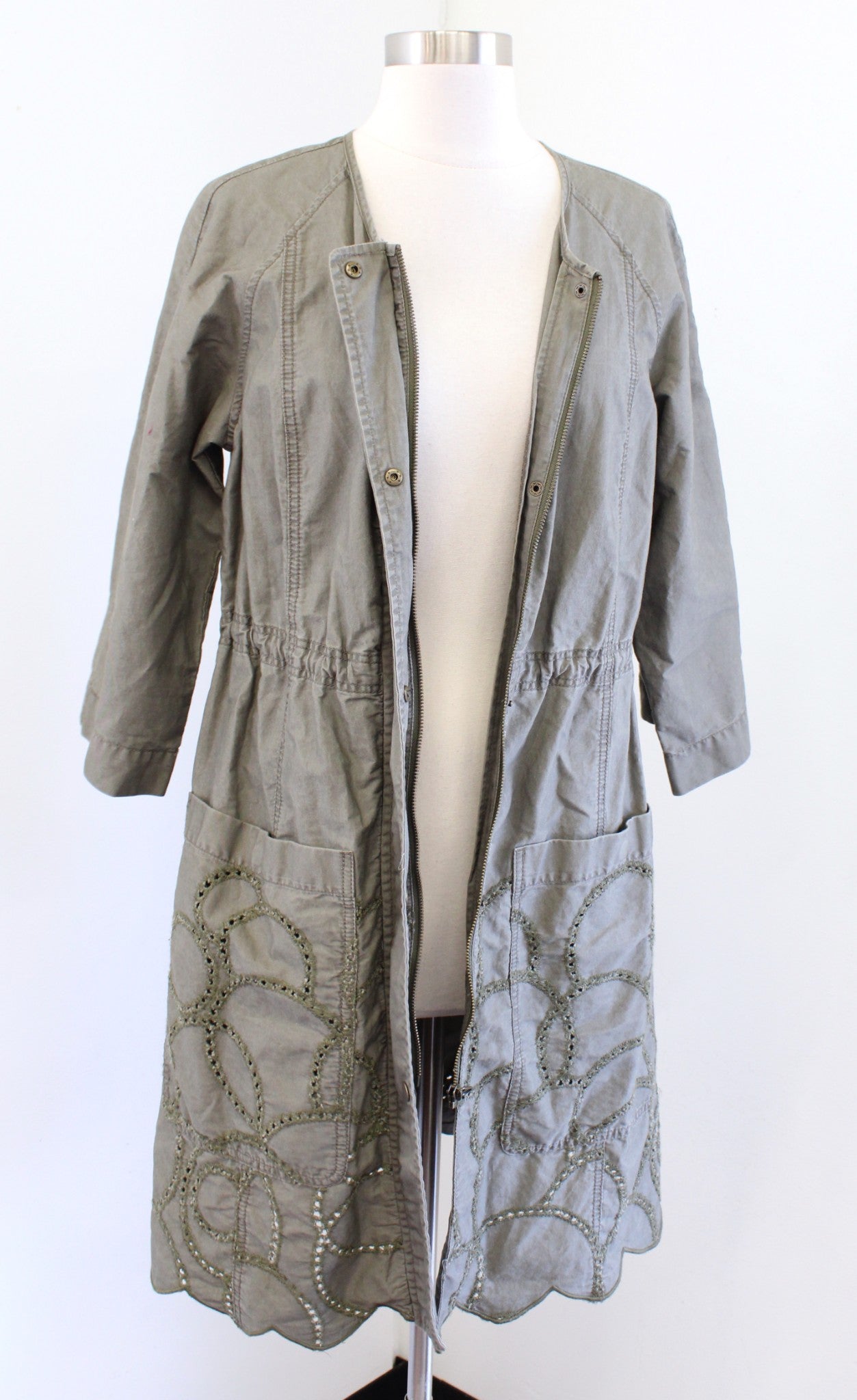Hei Hei Anthropologie Green Embroidered Eyelet Scallop Long Jacket Trench Size S