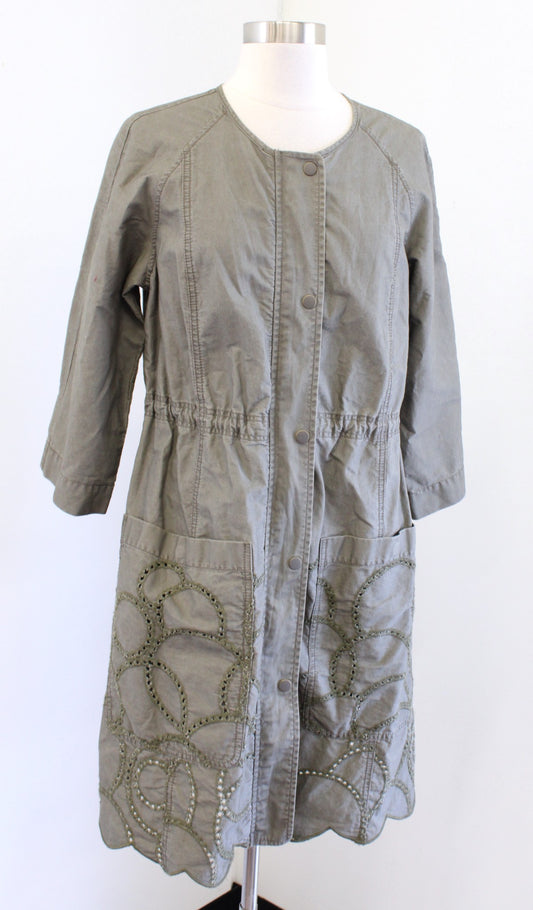 Hei Hei Anthropologie Green Embroidered Eyelet Scallop Long Jacket Trench Size S