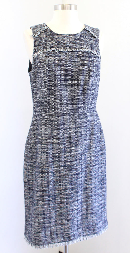 J Crew Factory Navy Blue White Tweed Fringe Metallic Sheath Dress Size 4 Career