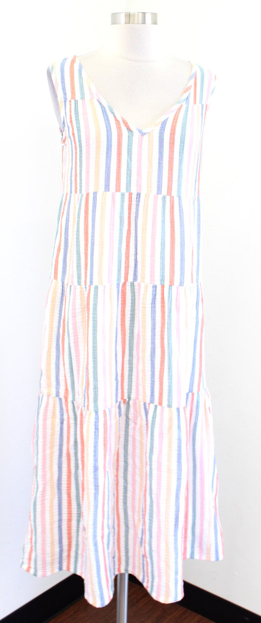 Marine Layer Corinne Colorful Rainbow Striped Tiered Maxi Dress Size S V Neck