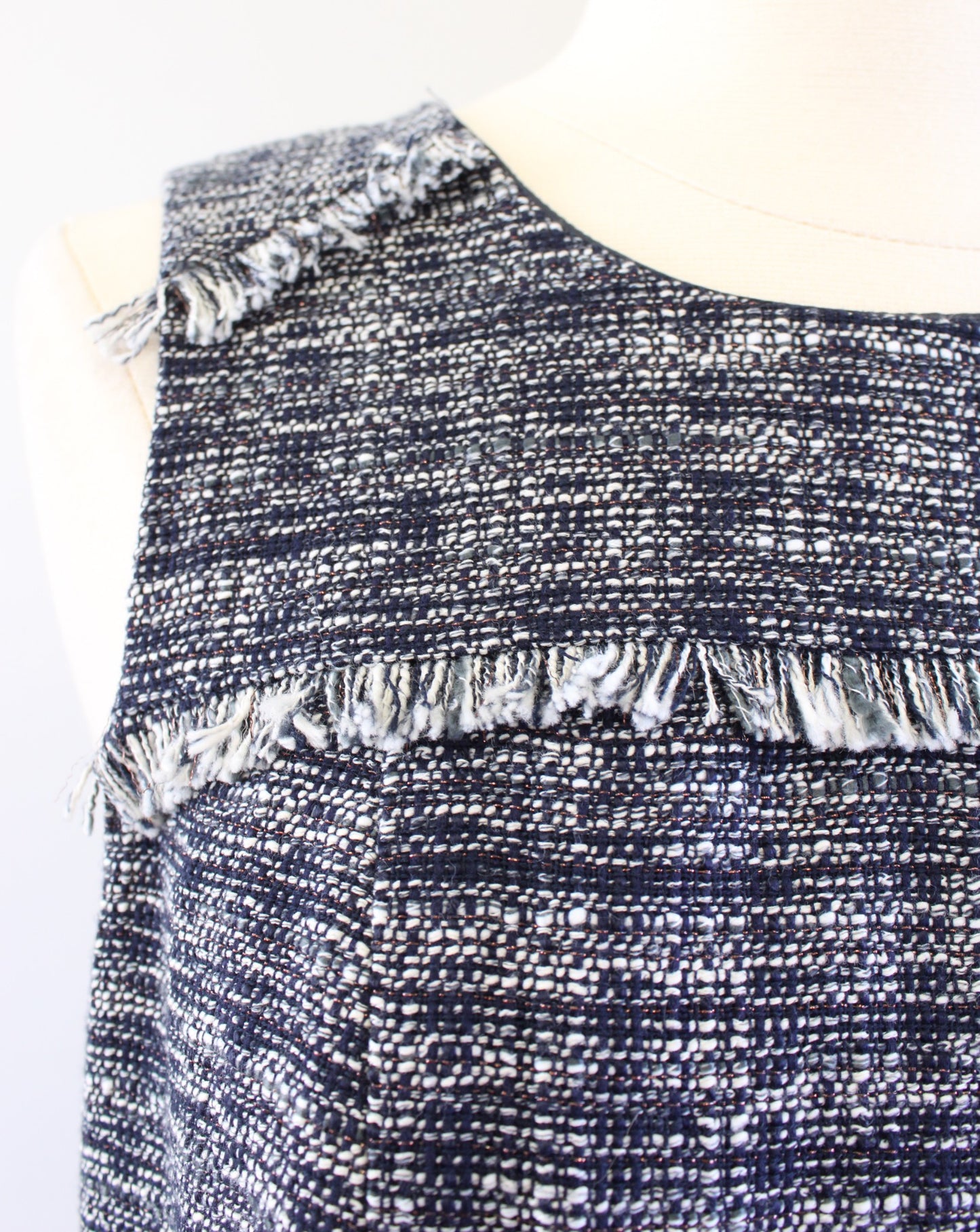 J Crew Factory Navy Blue White Tweed Fringe Metallic Sheath Dress Size 4 Career