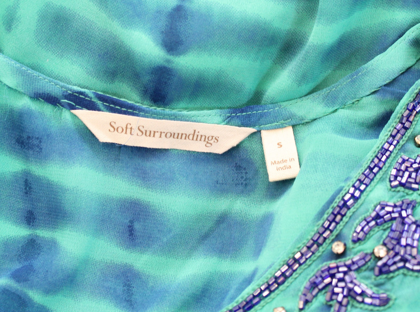 Soft Surroundings Blue Green Tie Dye Semi Sheer Sequin Embellished Tunic Top S