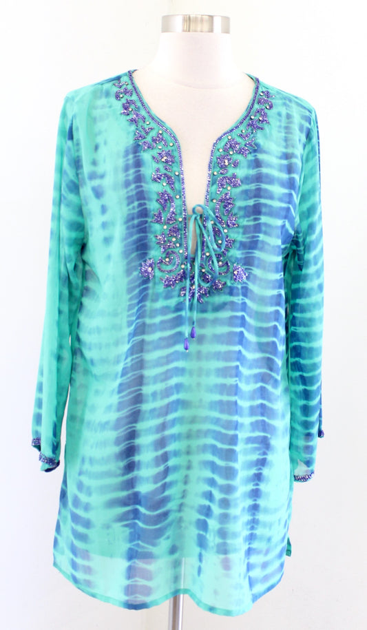 Soft Surroundings Blue Green Tie Dye Semi Sheer Sequin Embellished Tunic Top S