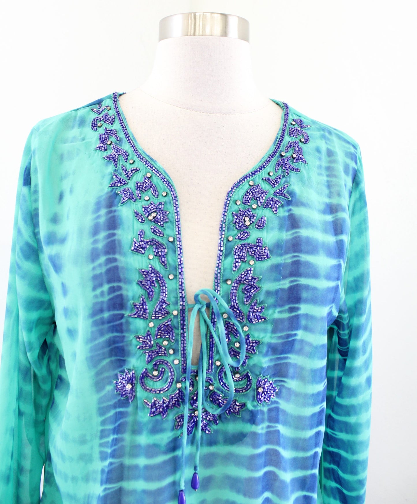 Soft Surroundings Blue Green Tie Dye Semi Sheer Sequin Embellished Tunic Top S