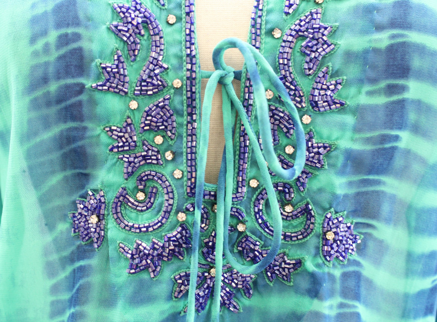 Soft Surroundings Blue Green Tie Dye Semi Sheer Sequin Embellished Tunic Top S