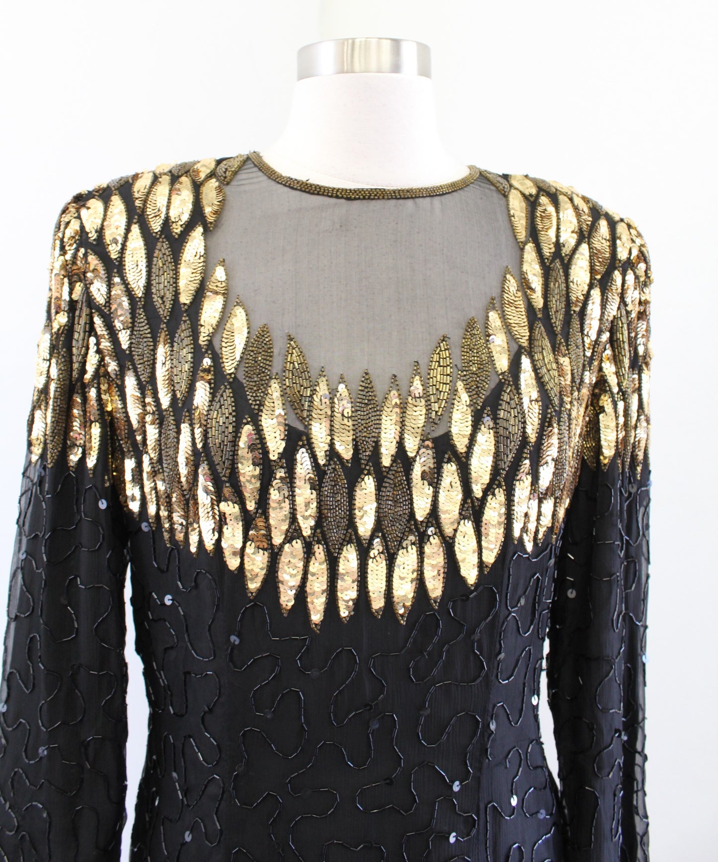 Vtg Stenay Womens Black Gold Mesh Cutout Neckline Cocktail Party Dress Size 10